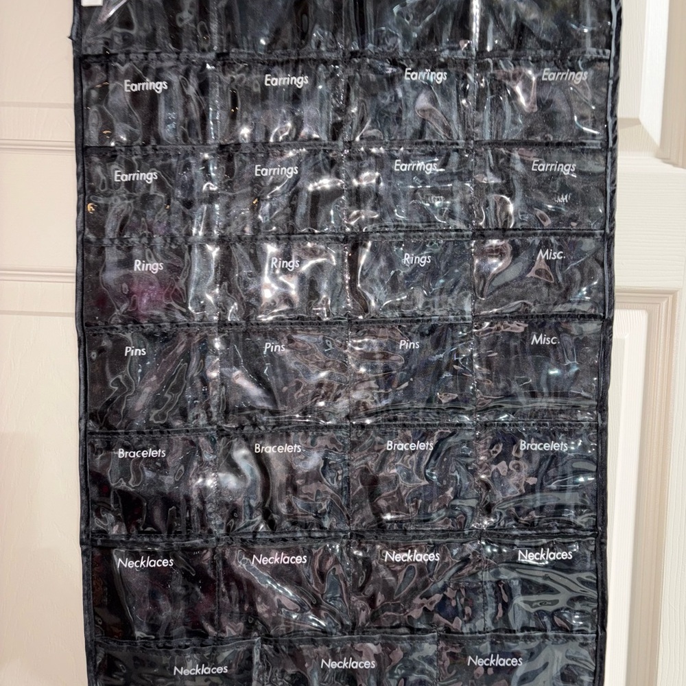 NEW reversible Black Hanging Jewelry Organizer multi size compartments 28” x 18”